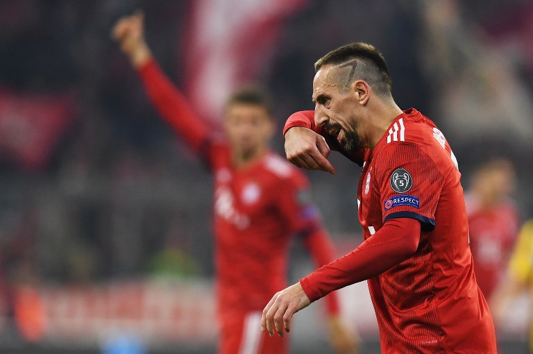 Bayern Munich's French midfielder Franck Ribery reacts during the UEFA Champions League Group E football match Bayern Munich v AEK Athens FC in Munich, southern Germany, on November 7, 2018. PHOTO/AFP