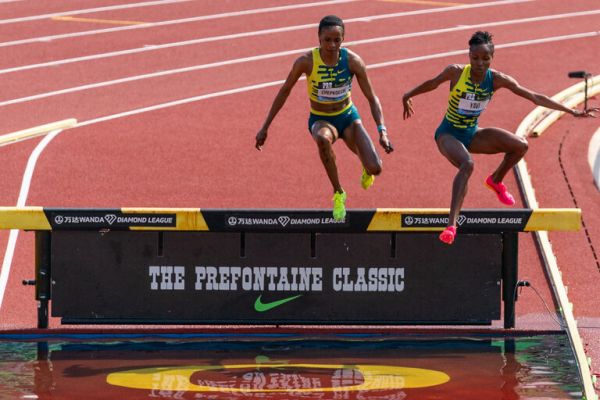 Beatrice Chepkoech and Winfred Yavi compete in the Women's 3000m Steeplechase during the 2023 Prefontaine Classic and Wanda Diamond League Final. PHOTO| AFP