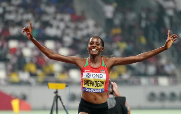 Beatrice Chepkoech of Kenya celebrates after the women's 3000m steeplechase final at the 2019 IAAF World Championships in Doha, Qatar, Sept. 30, 2019. PHOTO | PA Images