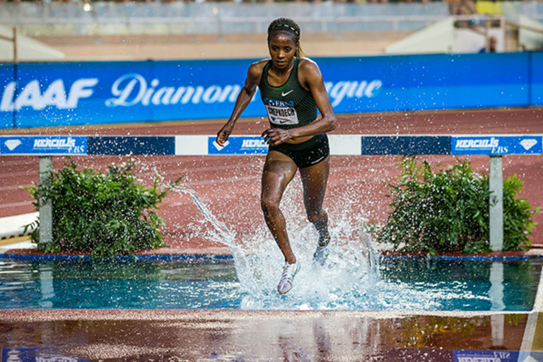 Beatrice Chepkoech on her way to breaking the women 3000m steeplechase record at the Herculis Meeting in Monaco that was the 10th IAAF Diamond League round on Friday 20, 2018. PHOTO/IAAF