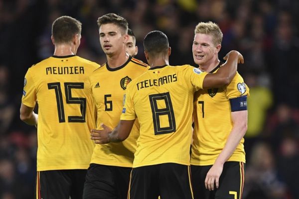 Belgium's midfielder Kevin De Bruyne celebrates scoring their fourth goal during the Euro 2020 football qualification match between Scotland and Belgium at Hampden Park, Glasgow on September 9, 2019. PHOTO | AFP