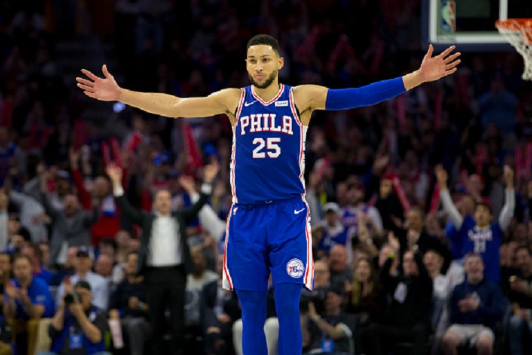 Ben Simmons #25 of the Philadelphia 76ers reacts during action against the Brooklyn Nets in the fourth quarter of Game Two of Round One of the 2019 NBA Playoffs at the Wells Fargo Center on April 15, 2019 in Philadelphia, Pennsylvania.PHOTO/GETTY IMAGES