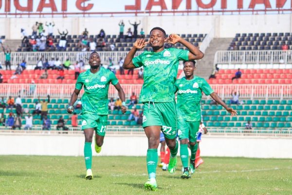 Benson Omalla celebrates after scoring against Nzoia Sugar at the Nyayo National Stadium on Saturday, November 19. 2022. PHOTO | Courtesy