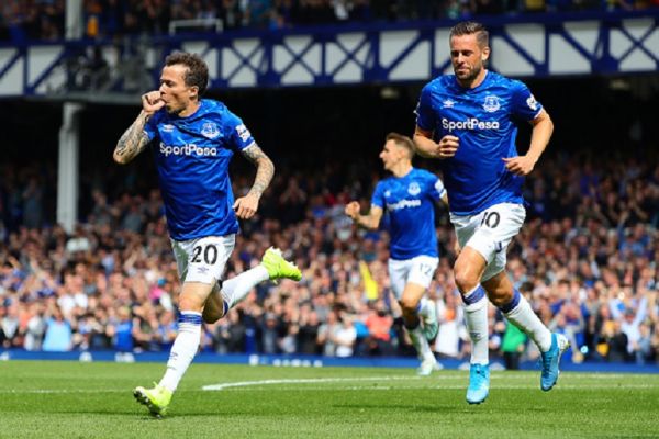 Bernard of Everton celebrates scoring the opening goal during the Premier League match between Everton FC and Watford FC at Goodison Park on August 17, 2019 in Liverpool, United Kingdom. PHOTO/ GETTY IMAGES