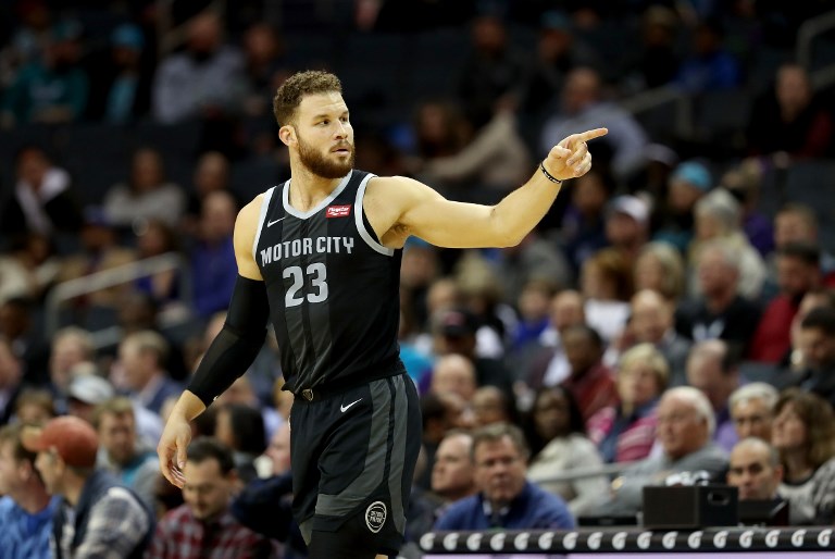 Blake Griffin of the Detroit Pistons reacts against the Charlotte Hornets during their game at Spectrum Center on December 12, 2018 in Charlotte, North Carolina. PHOTO/AFP