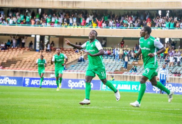 Boniface Omondi (left) and Lawrence Juma celebrate the former's opener in their 2-0 victory over AFC Leopards SC in the SPL Mashemeji Derby on August 25, 2018 at MISC, Kasarani. PHOTO/SPN