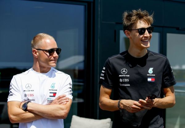 BOTTAS Valtteri (fin), Mercedes AMG F1 Petronas GP W09 Hybrid EQ Power+, portrait with George Russell during the 2018 Formula One World Championship, french Grand Prix on june 22 to 24 at Le Castellet. PHOTO | Alamy