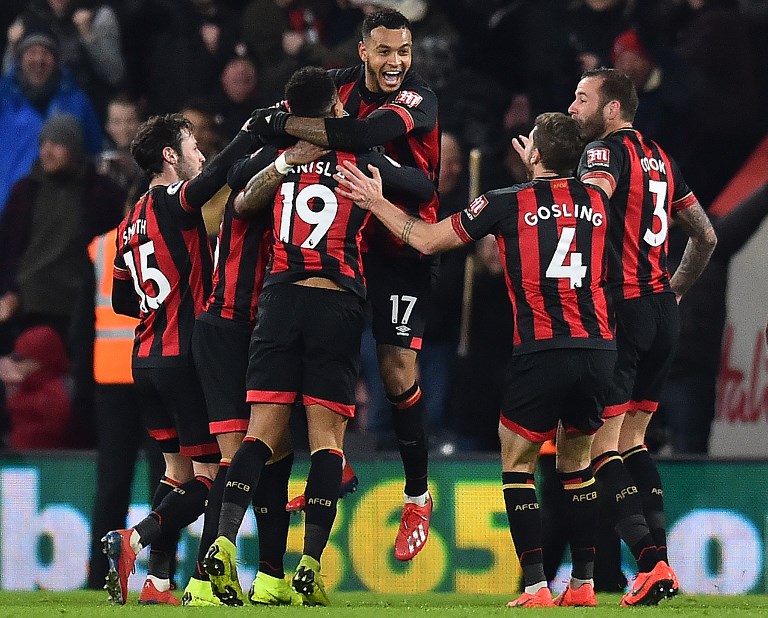 Bournemouth's Norwegian striker Joshua King (C) celebrates scoring his team's third goal during the English Premier League football match between Bournemouth and Chelsea at the Vitality Stadium in Bournemouth, southern England on January 30, 2019. PHOTO/AFP
