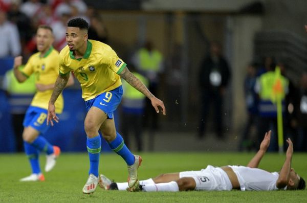 Brazil's Gabriel Jesus celebrates after scoring against Peru during the Copa America football tournament final match at Maracana Stadium in Rio de Janeiro, Brazil, on July 7, 2019. PHOTO | AFP