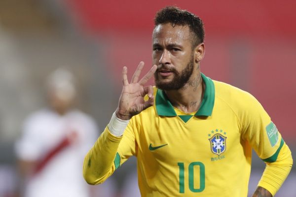 Brazil's Neymar celebrates after scoring against Peru during their 2022 FIFA World Cup South American qualifier football match at the National Stadium in Lima, on October 13, 2020, amid the COVID-19 novel coronavirus pandemic. PHOTO | AFP