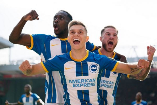 Brighton Hove & Albion Leandro Trossard celebrates scoring his sides first goal during the English championship Premier League football match between Liverpool and Bright & Hove Albion on October 1, 2022 at Anfield stadium in Liverpool, England. PHOTO | AFP