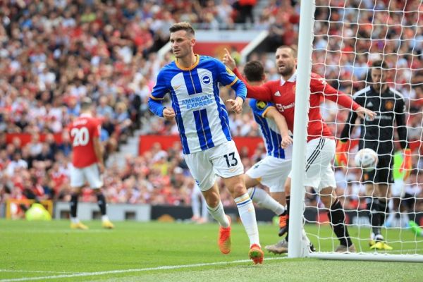 Brighton's German midfielder Pascal Gross reacts after scoring his team first goal during the English Premier League football match between Manchester United and Brighton and Hove Albion at Old Trafford in Manchester, north west England, on August 7, 2022. PHOTO | AFP