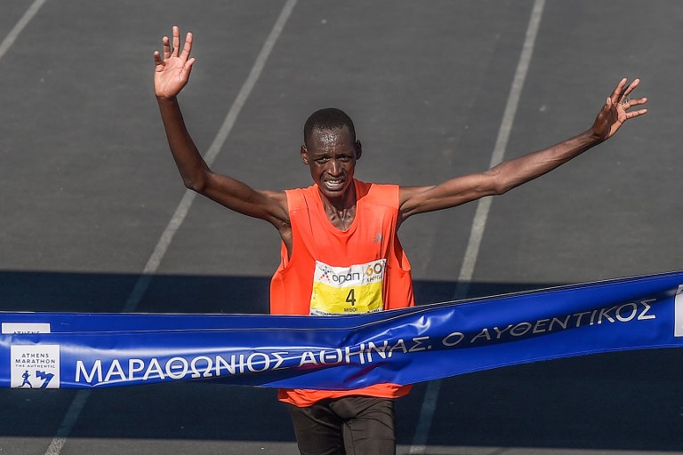 Brimin Kipkorir Misoi from Kenya runs to win the 36th Athens Classic Marathon 'The authentic' at the Panathenaic stadium in Athens on November 11, 2018. PHOTO/AFP