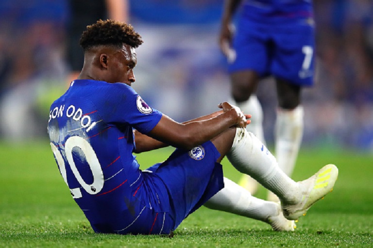 Callum Hudson-Odoi of Chelsea lies injured during the Premier League match between Chelsea FC and Burnley FC at Stamford Bridge on April 22, 2019 in London, United Kingdom. PHOTO/GETTY IMAGES