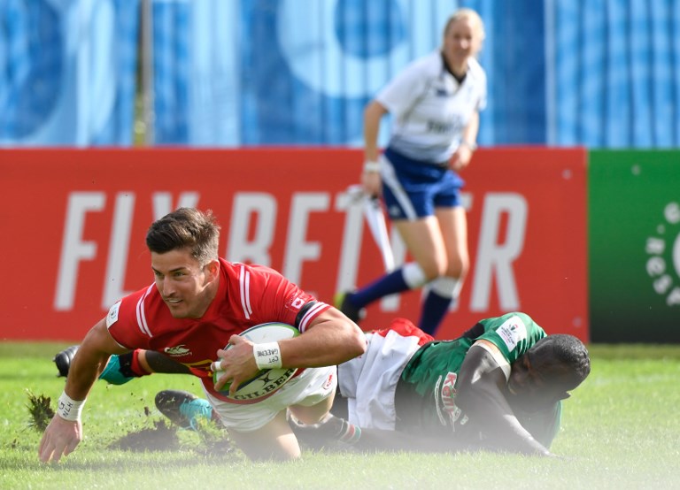 Canada's centre Daniel Van Der Merwe (left) scores his team's opening try during the 2019 Japan Rugby Union World Cup qualifying match between Canada and Kenya at The Delort Stadium in Marseille on November 11, 2018. PHOTO/AFP