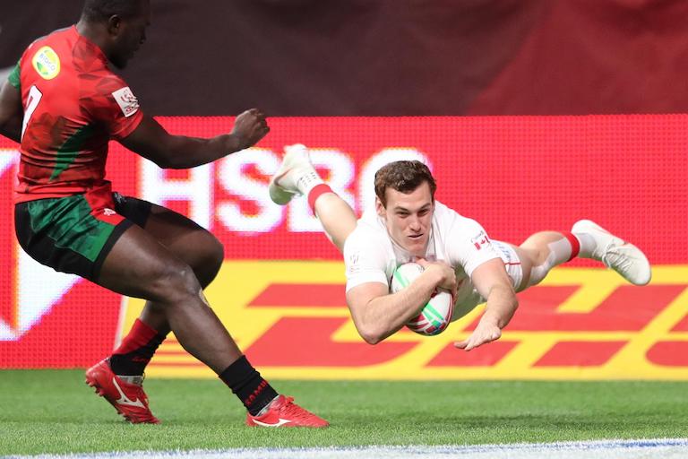 Canada's Phil Berna dives in a try against Kenya on day one of the HSBC World Rugby Sevens Series in Vancouver on 9 March, 2019. Photo credit: Mike Lee - KLC fotos for World Rugby