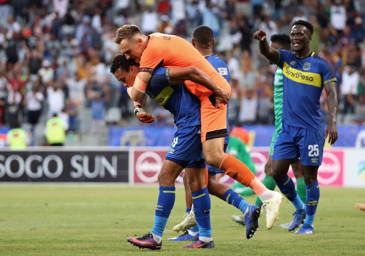 Cape Town City FC goal keeper, Peter Leeuwenburgh (centre) is rides piggy back after their ABSA Premier League comeback win against Bloemfontein Celtic on Saturday, December 22, 2018. PHOTO/Cape Town City FC