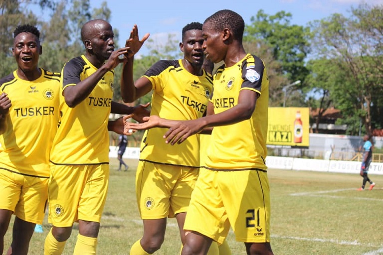 CAPTION: Tusker FC talisman,Sydney Ochieng (right), celebrates his brace against visiting Vihiga United FC with team-mates at Ruaraka Stadium in Nairobi on January 2, 2019.PHOTO/TUSKER FC