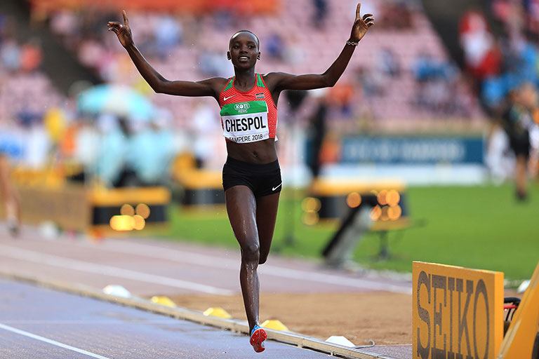 Celiphine Chepteek Chepsol of Kenya crosses the line to win gold in the final of the women's 3000m steeplechase on day four of The IAAF World U20 Championships on July 13, 2018 in Tampere, Finland. PHOTO/ Stephen Pond/Getty Images for IAAF