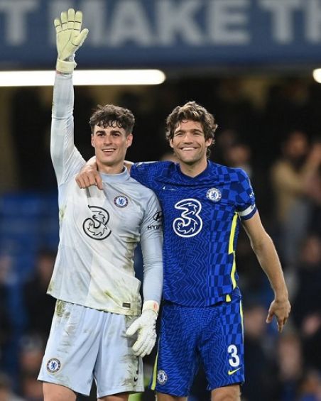 Chelsea goalkeeper Kepa Arrizabalaga and Marcos Alonso celebrate after beating Southampton 4-3 on penalties to progress into the EFL Cup quarter-finals. PHOTO | Chelsea Twitter