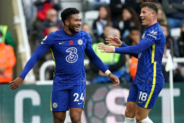 Chelsea right-back Reece James celebrates with Ross Barkley after scoring against Newcastle United at St. James' Park on Saturday, October 30, 2021. PHOTO | si