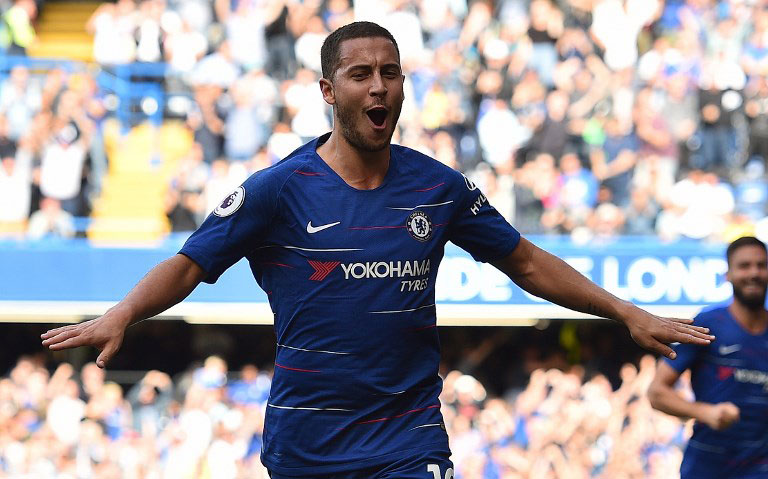 Chelsea's Belgian midfielder Eden Hazard celebrates scoring his team's first goal during the English Premier League football match between Chelsea and Cardiff City at Stamford Bridge in London on September 15, 2018. PHOTO/AFP