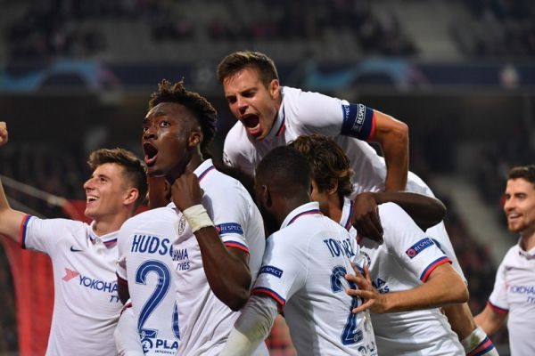 Chelsea's Brazilian midfielder Willian (unseen) celebrates with his teammates after scoring his team's second goal during the UEFA Champions League Group H football match between Lille anf Chelsea, on October 02, 2019 at the Pierre Mauroy stadium, in Lille, France. PHOTO | AFP