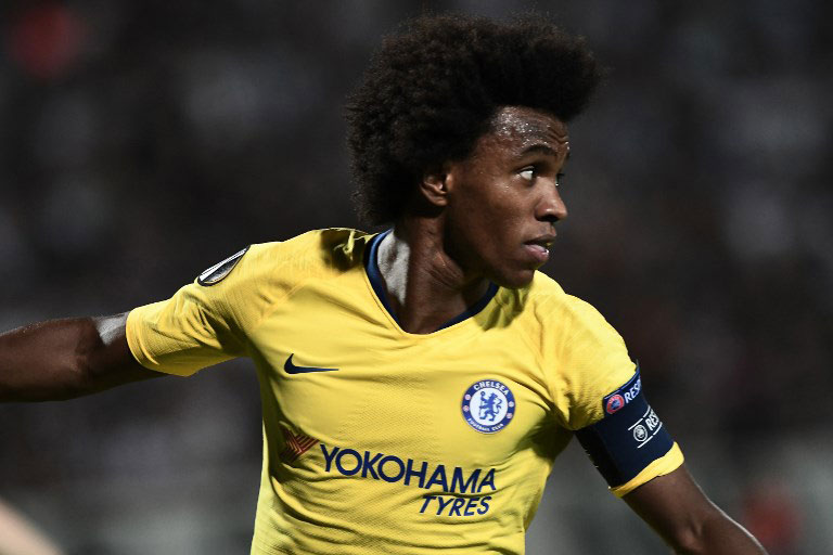 Chelsea's Brazilian midfielder Willian celebrates after scoring a goal during the UEFA Europa League Group L first-leg football match between PAOK Thessaloniki and Chelsea at the Toumba stadium in Thessaloniki on September 20, 2018. PHOTO/AFP