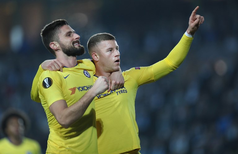 Chelsea's English midfielder Ross Barkley (R) celebrates scoring the 0-1 goal with Chelsea's French striker Olivier Giroud during the UEFA Europa League round of 32, first-leg football match between Malmo FF and Chelsea in Malmo, Sweden, on February 14, 2019. PHOTO/AFP`Chelsea's English midfielder Ross Barkley (R) celebrates scoring the 0-1 goal with Chelsea's French striker Olivier Giroud during the UEFA Europa League round of 32, first-leg football match between Malmo FF and Chelsea in Malmo, Sweden, on February 14, 2019. PHOTO/AFP