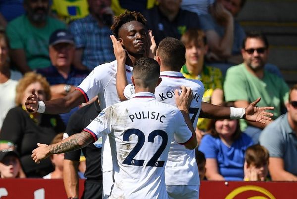 Chelsea's English striker Tammy Abraham (C) celebrates with teammates after scoring his second goal, Chelsea's third during the English Premier League football match between Norwich City and Chelsea at Carrow Road in Norwich, eastern England on August 24, 2019. PHOTO | AFP