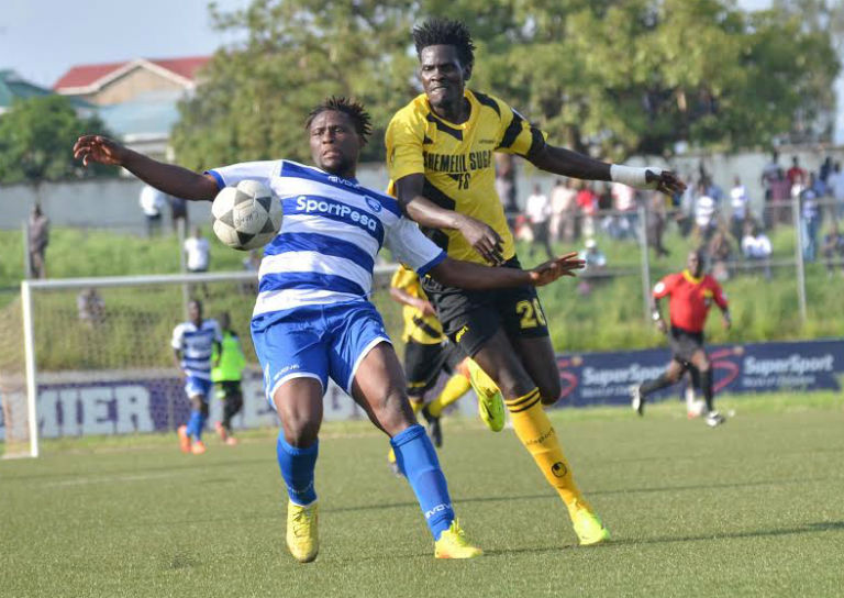 Chemelil Sugar FC (right) in action against AFC Leopards SC in a previous SPL clash. PHOTO/File