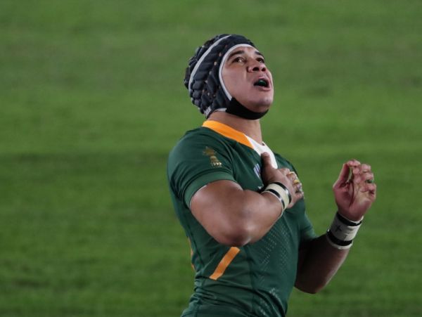 Cheslin Kolbe (14) of South Africa celebrates after scoring a try in the second half of the Rugby World Cup Japan final match “England VS South Africa” at International Stadium Yokohama in Yokohama City, Kanagawa prefecture on Nov. 2, 2019. South Africa won the match to claim championship. PHOTO | AFP