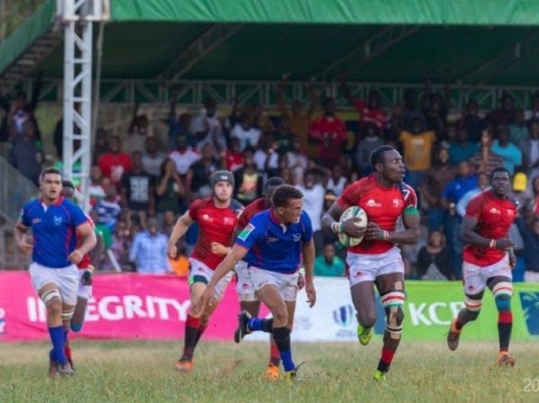 Chipu (in red) in a past international match at the Kenya Rugby Union Grounds along Ngong Road, Nairobi. PHOTO/ KRU