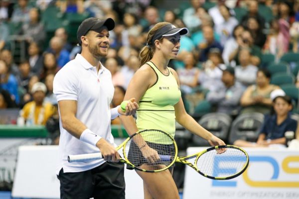 Christian Harrison of the United States and Danielle Collins of the United Statesenjoy the moment during a mixed-doubles exhibition match at the Hawaii Tennis Open against Sam Querrey of the Unites States and Yanina Wickmayer of Belgium at the Stan Sheriff Center on December 28, 2019 in Honolulu, Hawaii. PHOTO | AFP