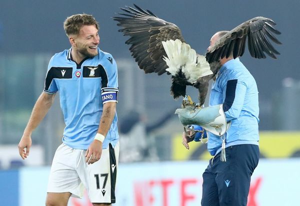 Ciro Immobile of Lazio celebrates at the end of the match with the mascotte Olimpia and his trainer at the end of the Serie A match SS Lazio v Fc Internazionale of Milano at the Olimpico Stadium in Rome, Italy on February 16, 2020. PHOTO | AFP