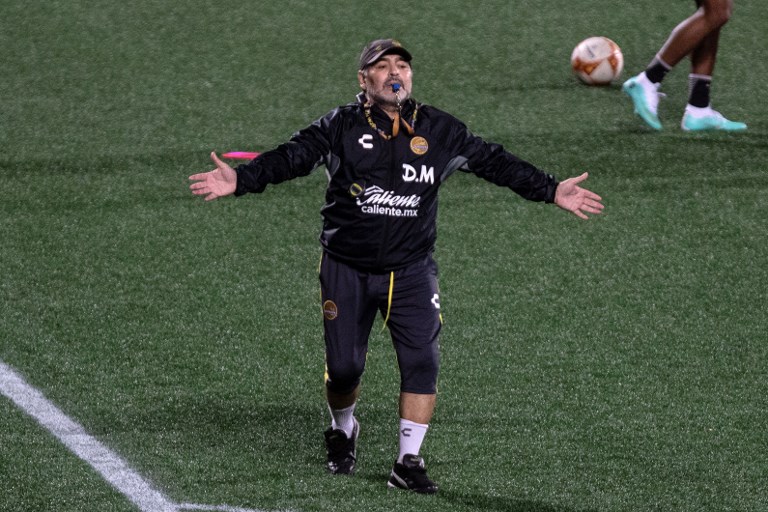 Coach of Mexican second-division club Dorados Argentine legend Diego Maradona gestures during a training session at the Caliente stadium in Tijuana Baja California state, Mexico, on October 11, 2018, on the eve of their friendly football match against Tijuana's Xoloitzcuintles. PHOTO/AFP