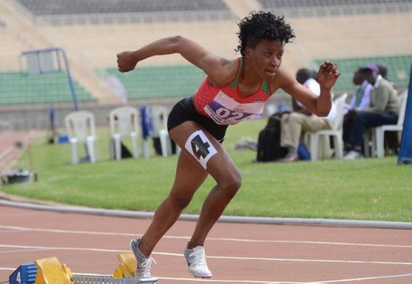 Continental champion Vanice Kerubo Nyagisera on her way to winning the women’s 400m hurdles during Athletics Kenya’s National Trials cum Doha World Championship Qualifier at Nyayo National Stadium in Nairobi on September 12, 2019. PHOTO/ Dancun Sirma