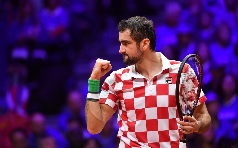 Croatian player Marin Cilic reacts during the single tennis match against French Lucas Pouille as part of the Davis Cup final between France and Croatia, on November 25, 2018 in Lille, northern France. PHOTO/AFP
