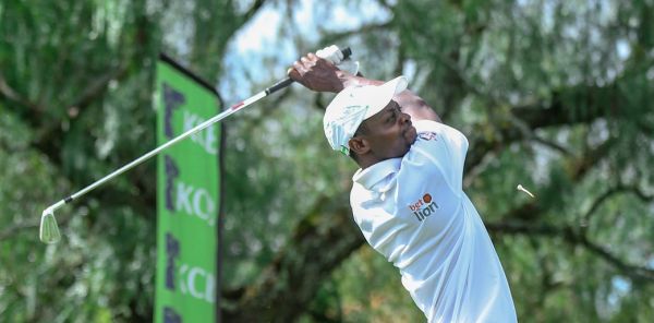 David Wakhu, tees off at Nakuru golf club, during the KCB Road to Karen masters. PHOTO/Courtesy