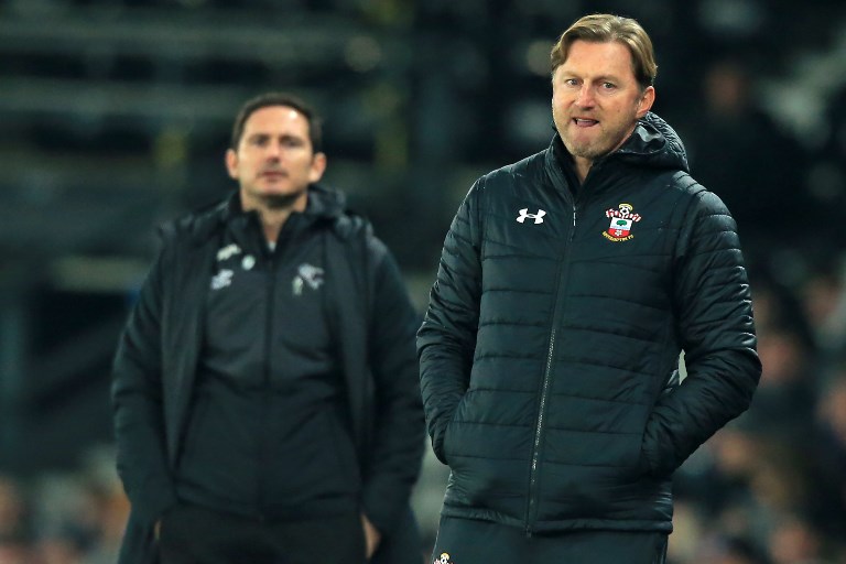 Derby County's English manager Frank Lampard (L) and Southampton's Austrian manager Ralph Hasenhuttl (R) react on the touchline during the English FA Cup third round football match between Derby County and Southampton at Pride Park Stadium in Derby, central England on January 5, 2019. The game finished 2-2. PHOTO/AFP