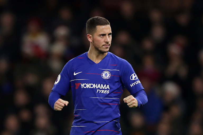 Eden Hazard of Chelsea celebrates after scoring his team's second goal from the penalty spot during the Premier League match between Watford FC and Chelsea FC at Vicarage Road on December 26, 2018 in Watford, United Kingdom. PHOTO/Getty Images