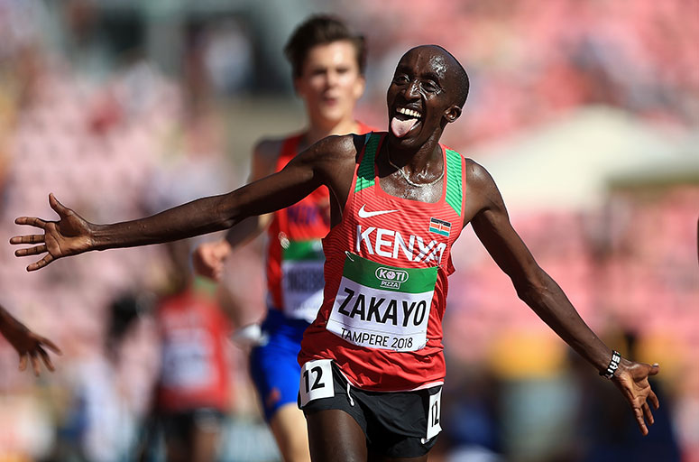 Edward Pingua Zakayo celebrates winning the men 5000m title at the 2018 IAAF World Under 20 Championships in Tampere, Finland. PHOTO/File