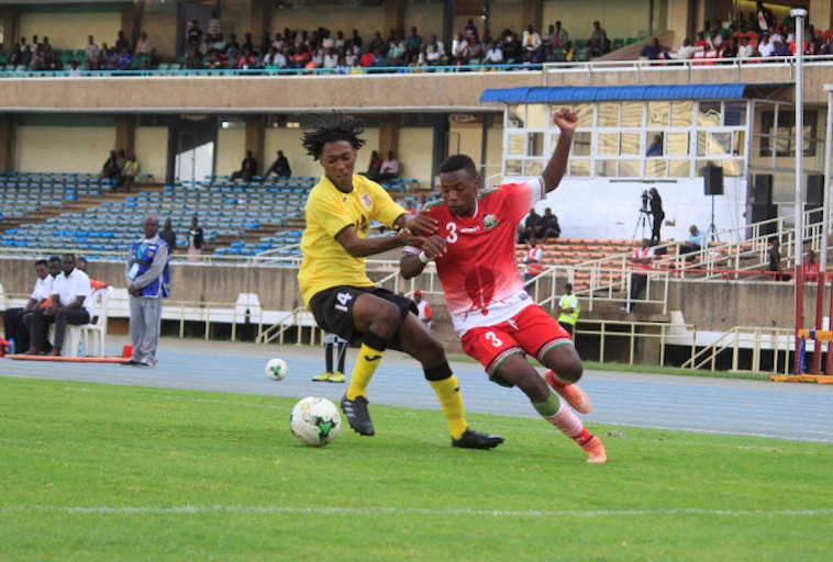 Emerging Stars midfielder James Mazembe (right) in action against Mauritius during their AFCON Under 23 qualifier at Moi International Sports Centre, Kasarani. PHOTO/FKF