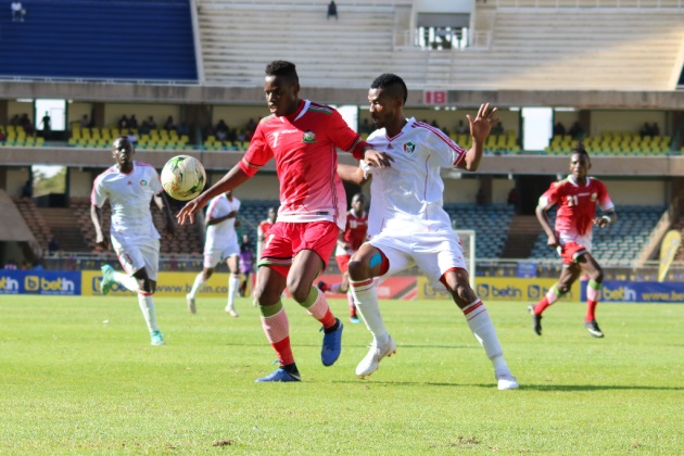 Emerging Stars midfielder Ovella Ochieng wades off a challenge from his Sudan marker during their Olympics Qualifier played on Tuesday March 26, 2019, at the MISC Kasarani. PHOTO/FKF
