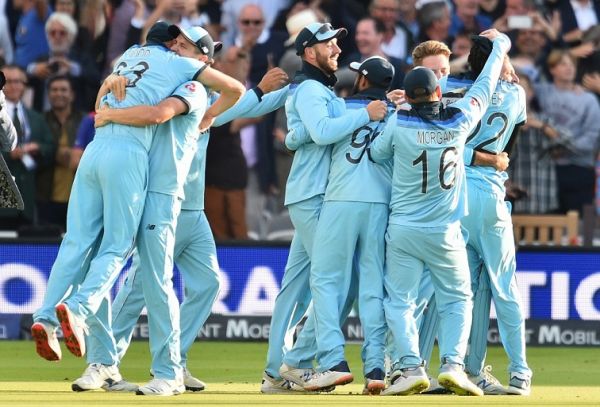 England players celebrate after winning the 2019 Cricket World Cup final between England and New Zealand at Lord's Cricket Ground in London on July 14, 2019. PHOTO | AFP