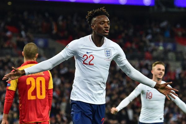 England's striker Tammy Abraham celebrates after scoring their seventh goal during the UEFA Euro 2020 qualifying first round Group A football match between England and Montenegro at Wembley Stadium in London on November 14, 2019. England won the game 7-0. PHOTO | AFP