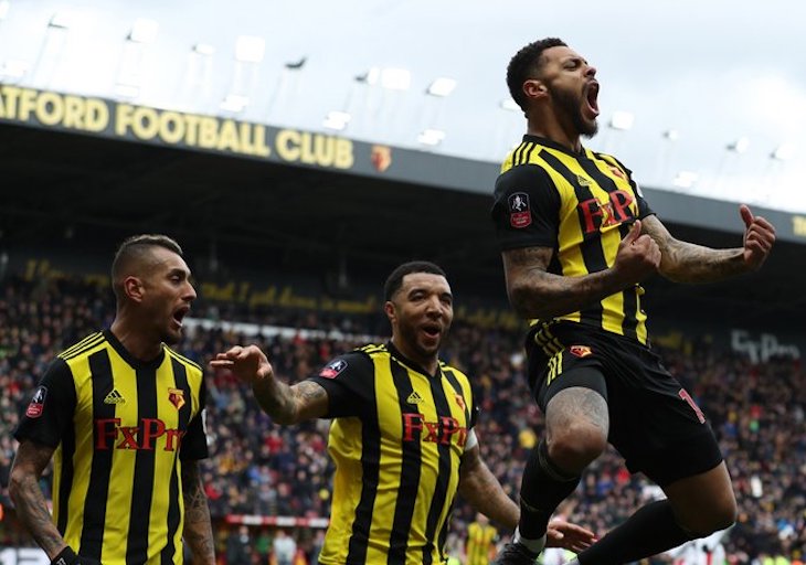 English striker Andre Gray celebrates after scoring during the FA Cup quarter-final football match between Watford and Crystal Palace at Vicarage Road Stadium in Watford, north of London on March 16, 2019. PHOTO/Watford FC