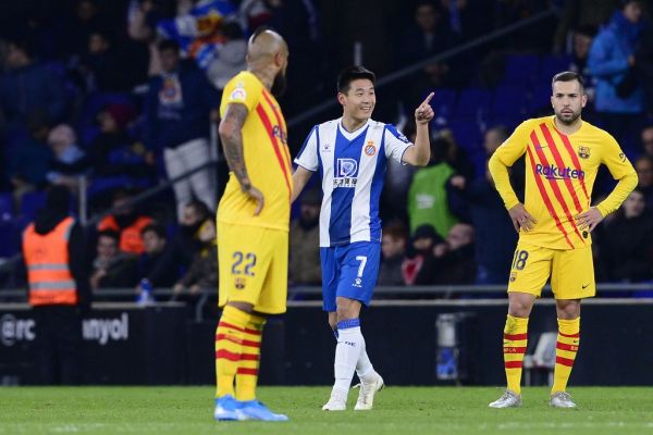 Espanyol's Chinese forward Wu Lei (C) celebrates after scoring his team's second goal during the Spanish league football match between RCD Espanyol and FC Barcelona at the RCDE Stadium in Cornella de Llobregat on January 4, 2020. PHOTO | AFP