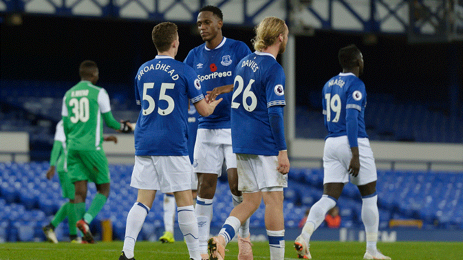 Everton FC forward, Nathan Broadhead(jersy number 55) during  their SportPesa Trophy clash  against Kenya’s Gor Mahia FC at Goodison Park in England on November 6, 2018.PHOTO/EVERTON FC