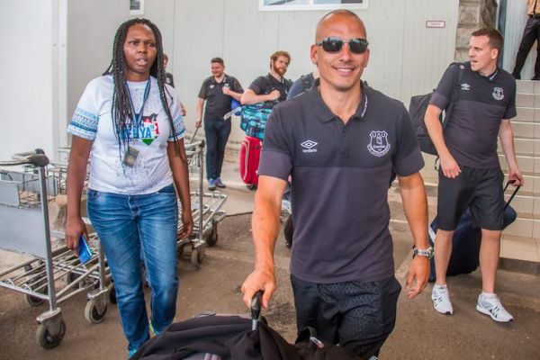 Everton FC legend, Leon Osman (in shades) on arrival at the Jomo Kenyatta International Airport in Nairobi on July 3, 2019. SportPesa Assistant Marketing Manager, Public Relations Lola Okulo (left) was on hand to receive him. PHOTO/Brian Kinyanjui/SPN